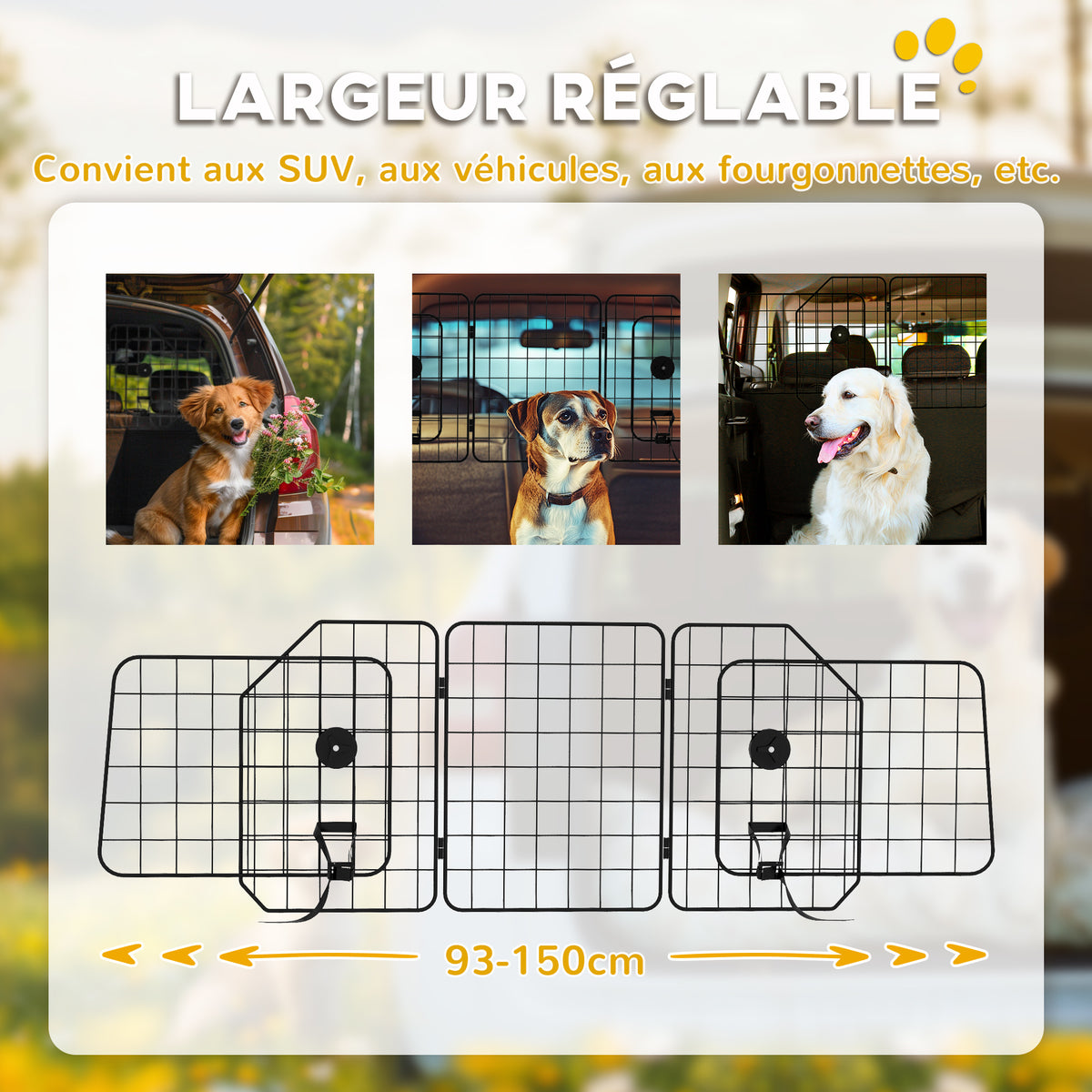 Grille de séparation voiture pour chien, 93-150 cm, pliable – grille voiture pour chien | Rundavo