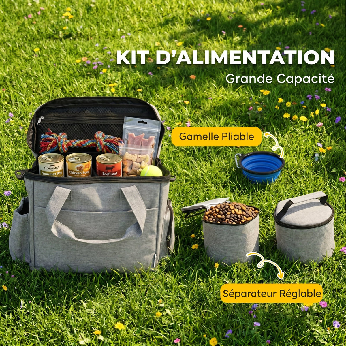 Sac de balade chien avec bol pliable et sacs à croquettes – sac de balade pour chien | Rundavo