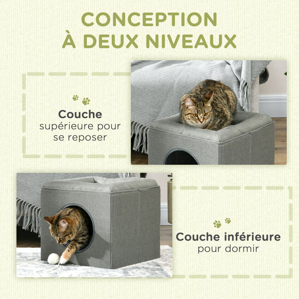 Maison pour chat 2 niveaux avec coussin, 36 cm – couchage pour chat | Rundavo