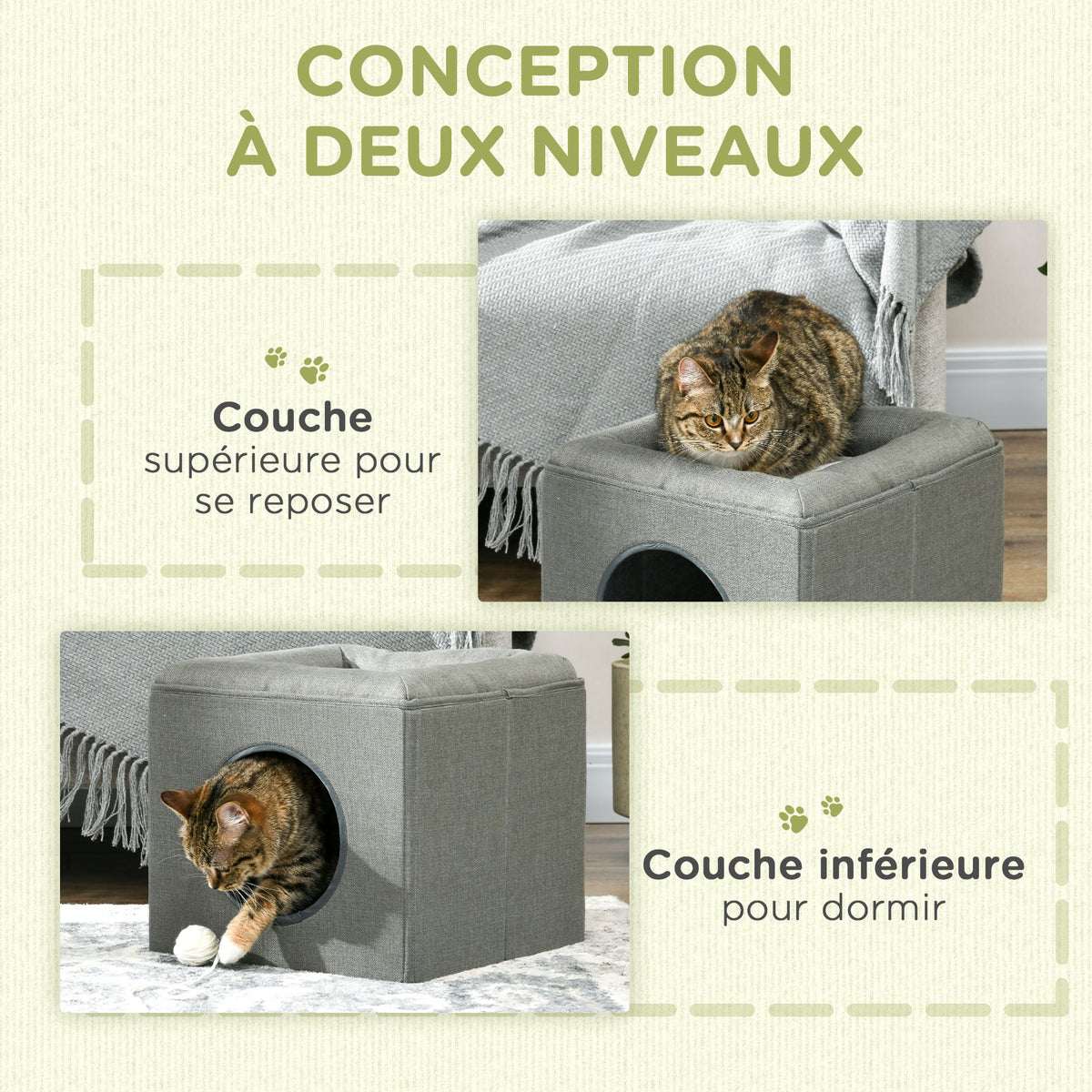 Maison pour chat 2 niveaux avec coussin, 36 cm – couchage pour chat | Rundavo