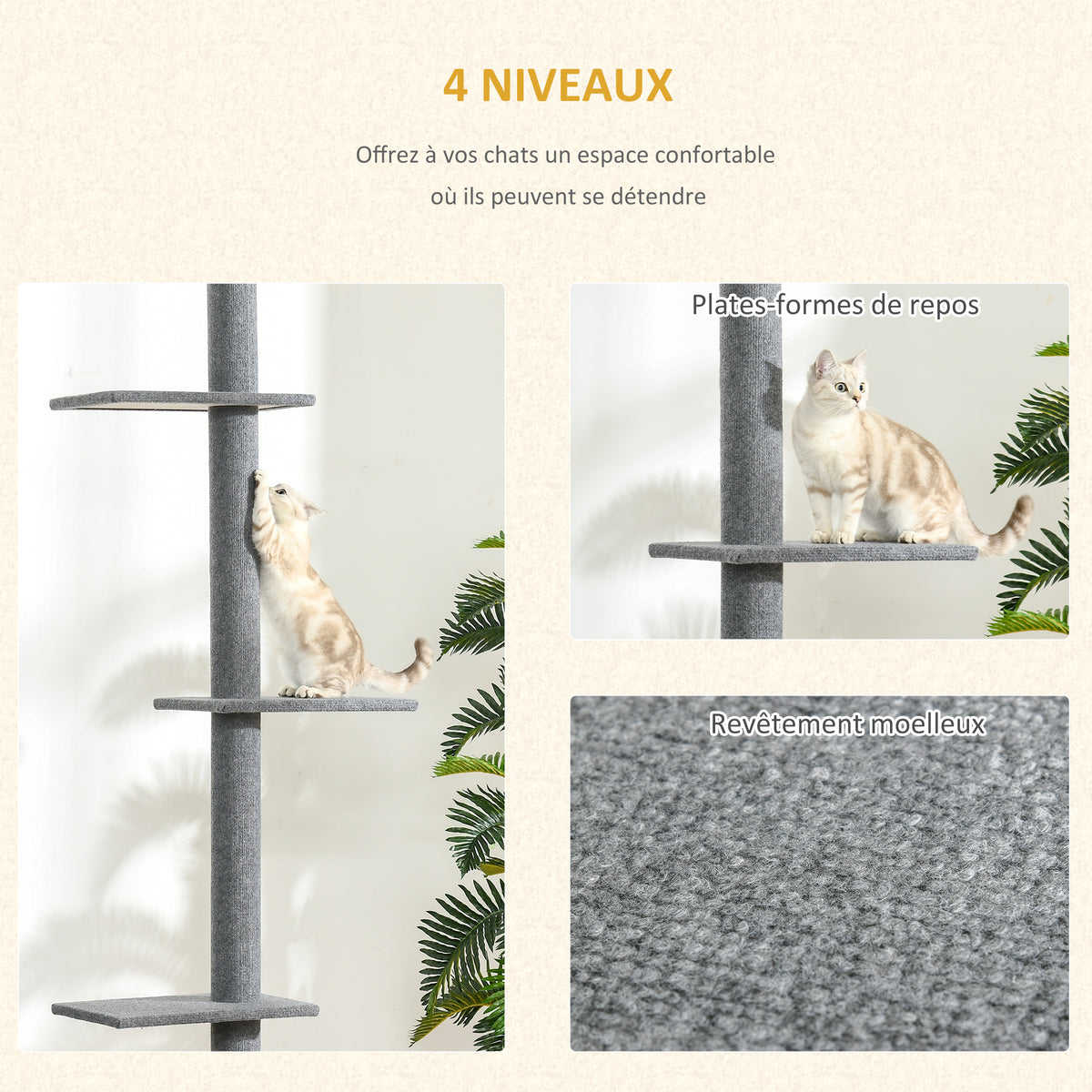 Arbre à chat sol-plafond 228-260 cm, 4 niveaux – arbre à chat | Rundavo