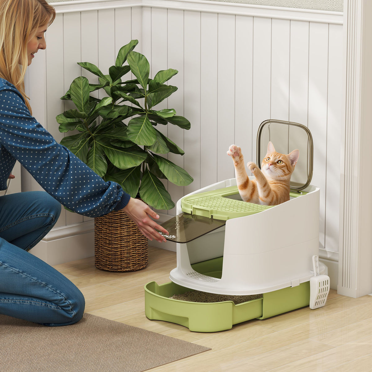 Maison de toilette chat fermée avec porte et pelle – bac à litière pour chat | Rundavo