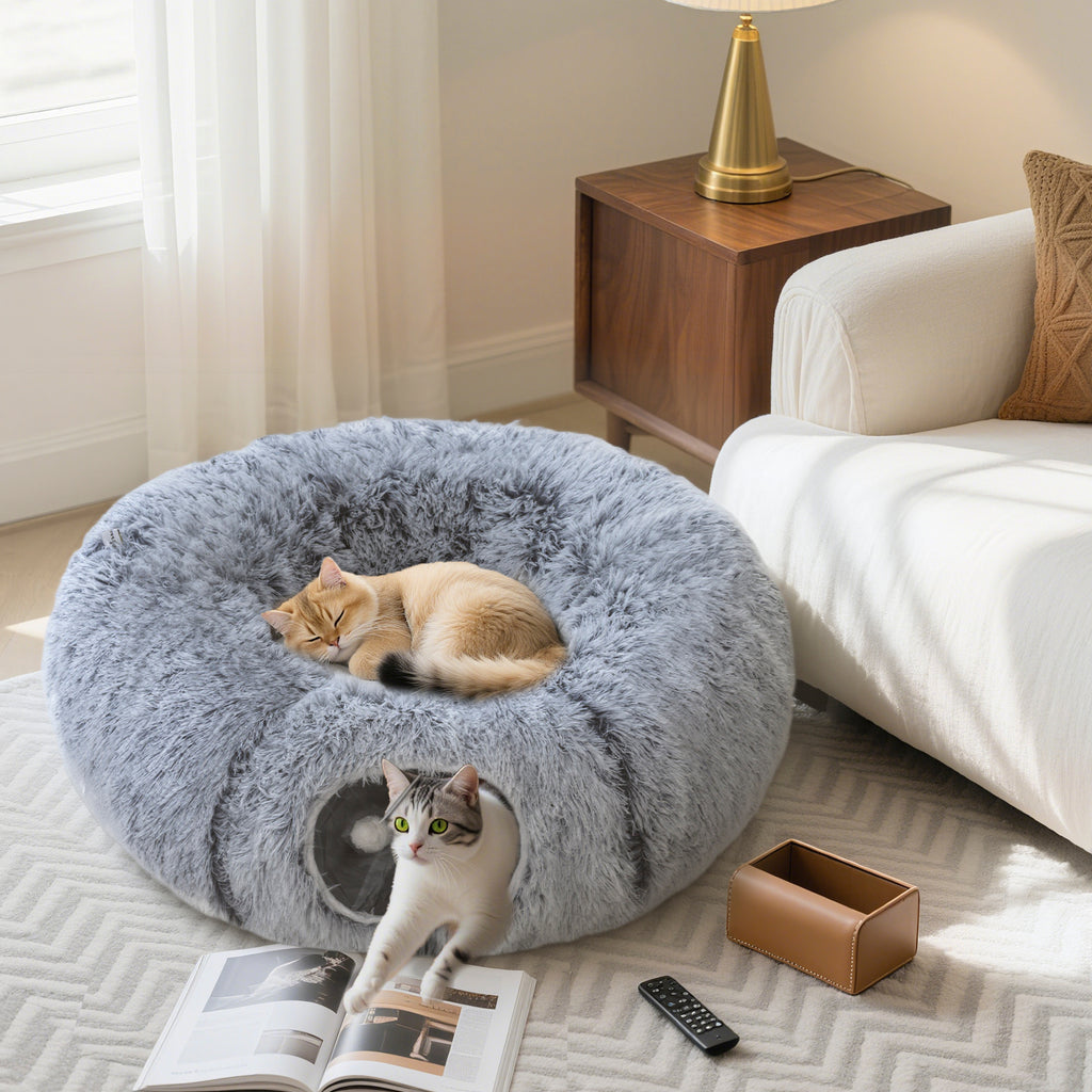 Tunnel chat pliable avec lit donut, 90 x 80 cm – jouet pour chat | Rundavo