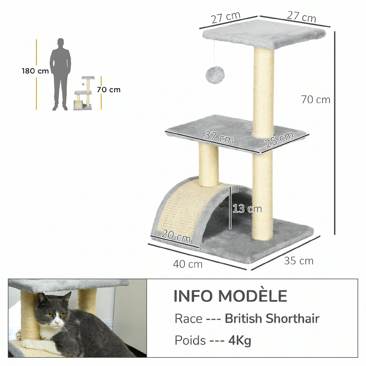 Arbre à chat 72 cm avec griffoir et balle – griffoir pour chat | Rundavo