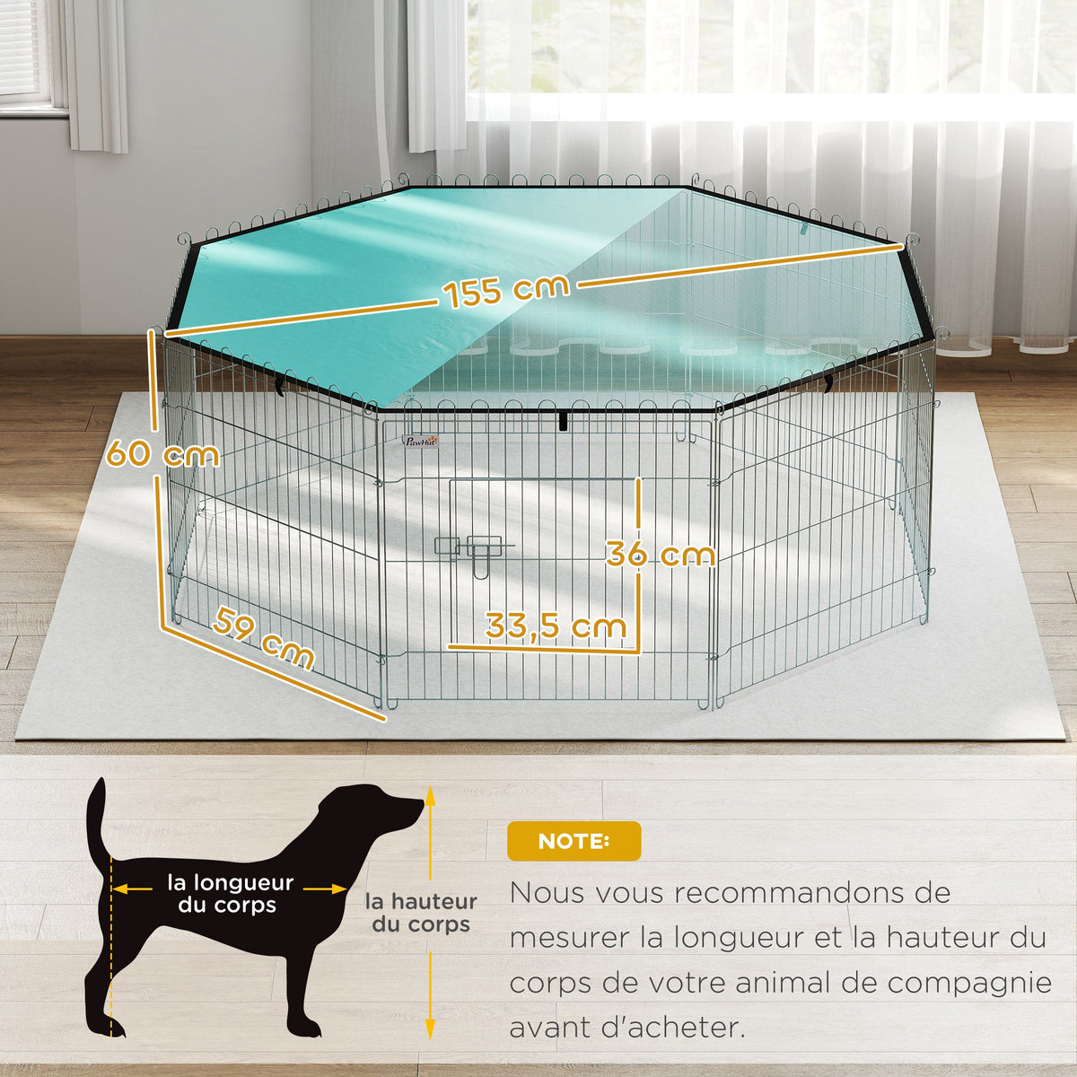 Parc pour chien 8 panneaux avec toit, 150 x 150 x 60 cm – parc pour chien | Rundavo