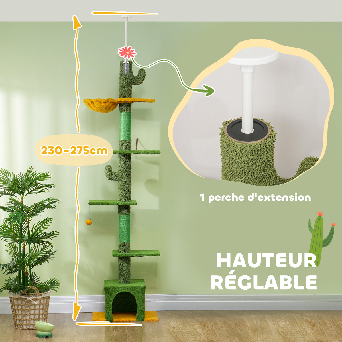 Arbre à chat 230-275 cm, 6 niveaux, niche et hamac – arbre à chat | Rundavo