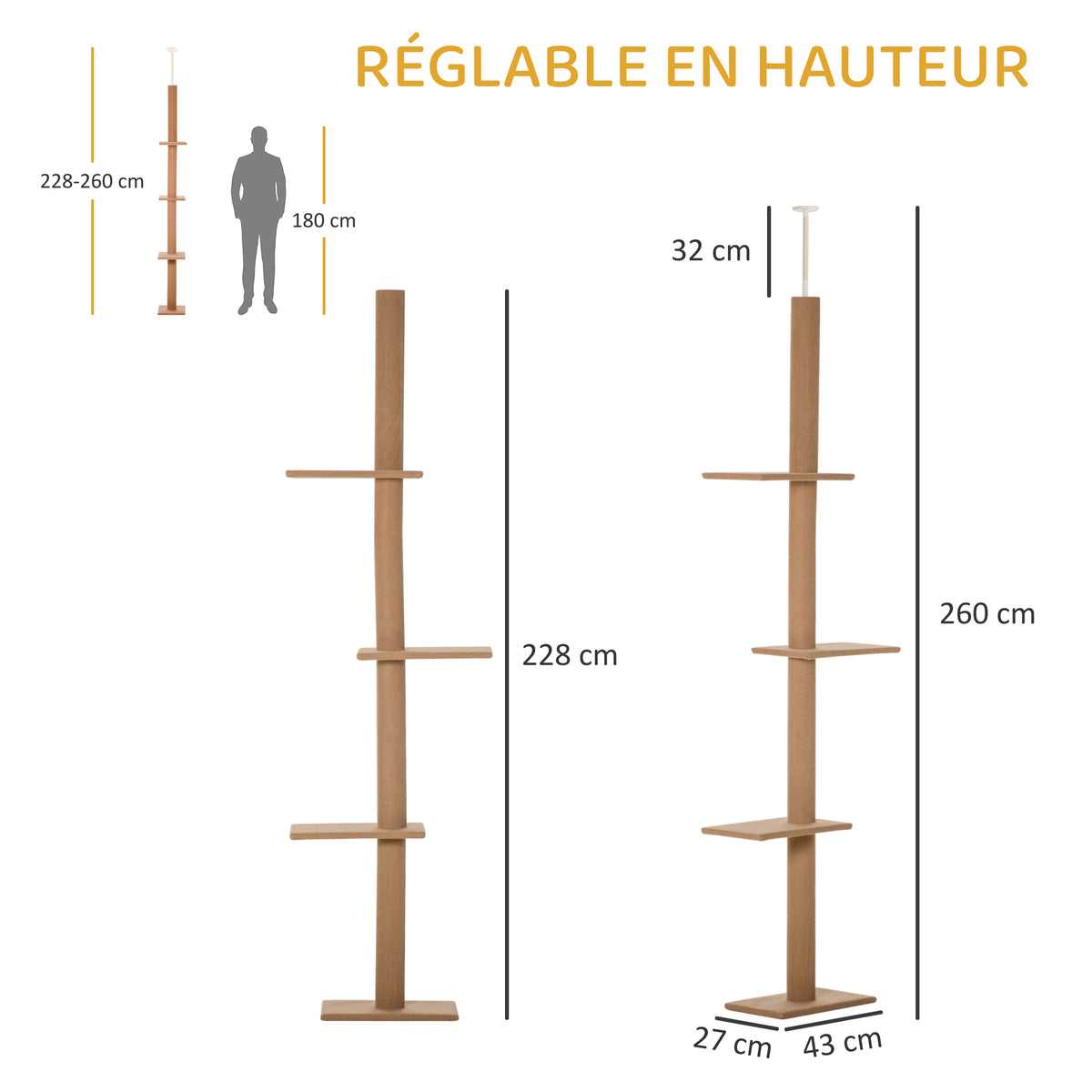 Arbre à chat sol-plafond 228-260 cm, 4 niveaux – arbre à chat | Rundavo