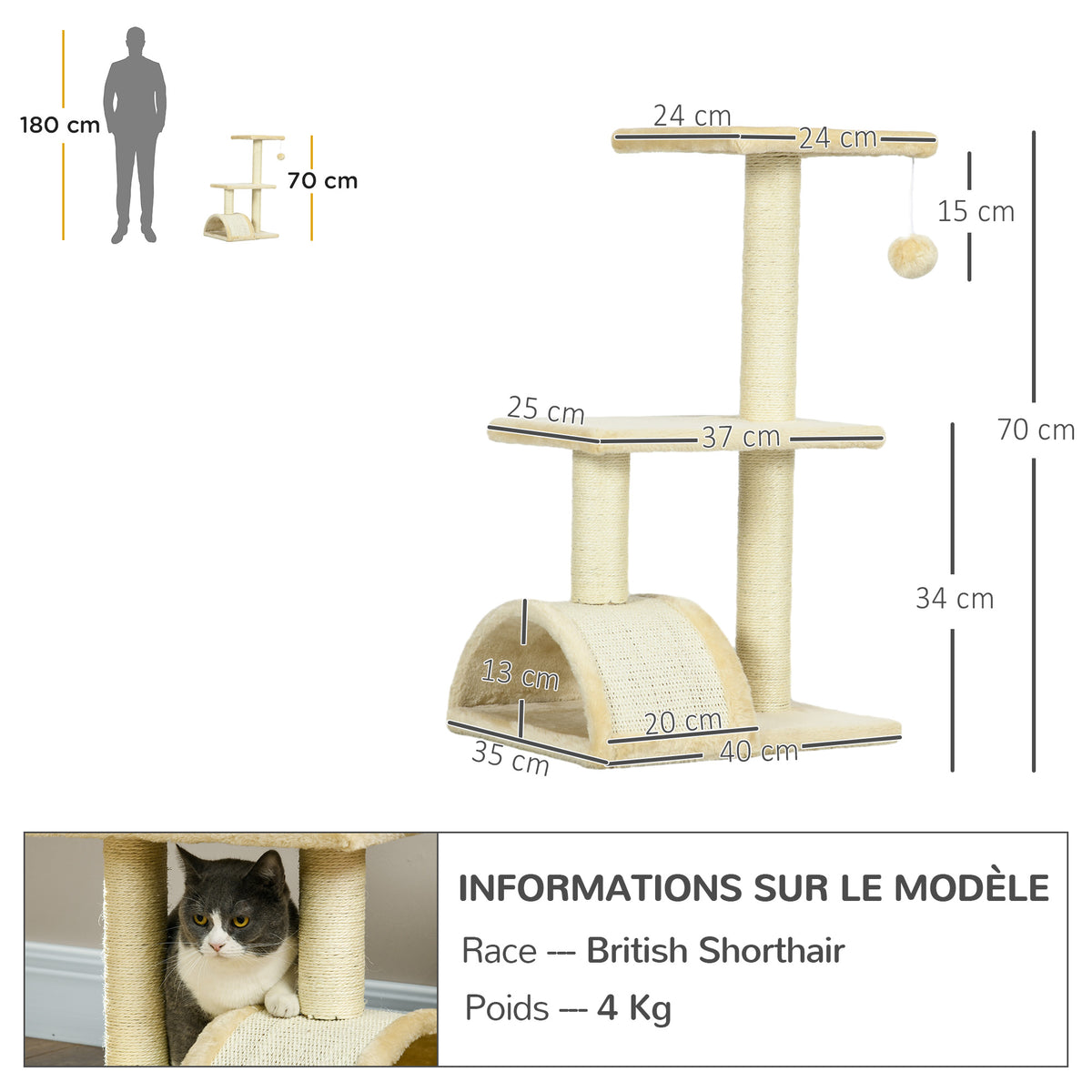 Arbre à chat 72 cm avec griffoir et balle – griffoir pour chat | Rundavo