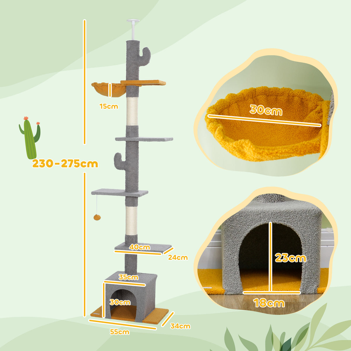 Arbre à chat 230-275 cm, 6 niveaux, niche et hamac – arbre à chat | Rundavo
