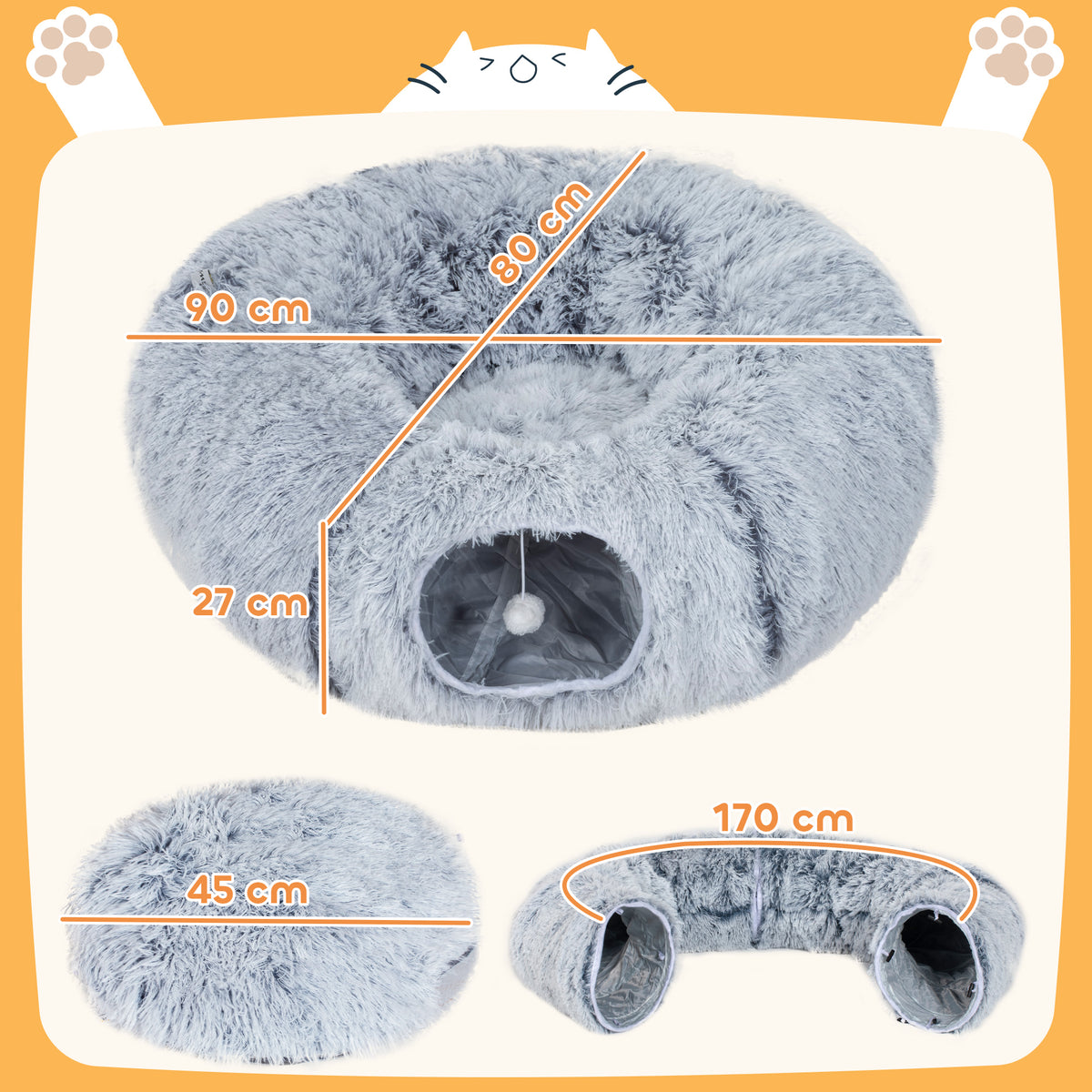 Tunnel chat pliable avec lit donut, 90 x 80 cm – jouet pour chat | Rundavo