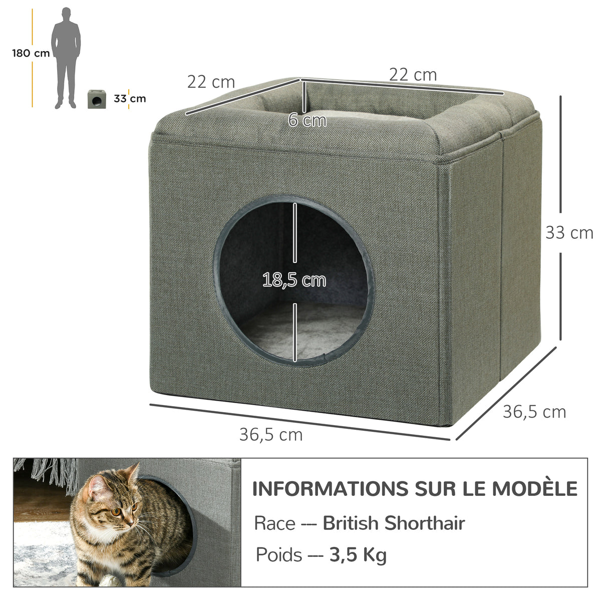 Maison pour chat 2 niveaux avec coussin, 36 cm – couchage pour chat | Rundavo
