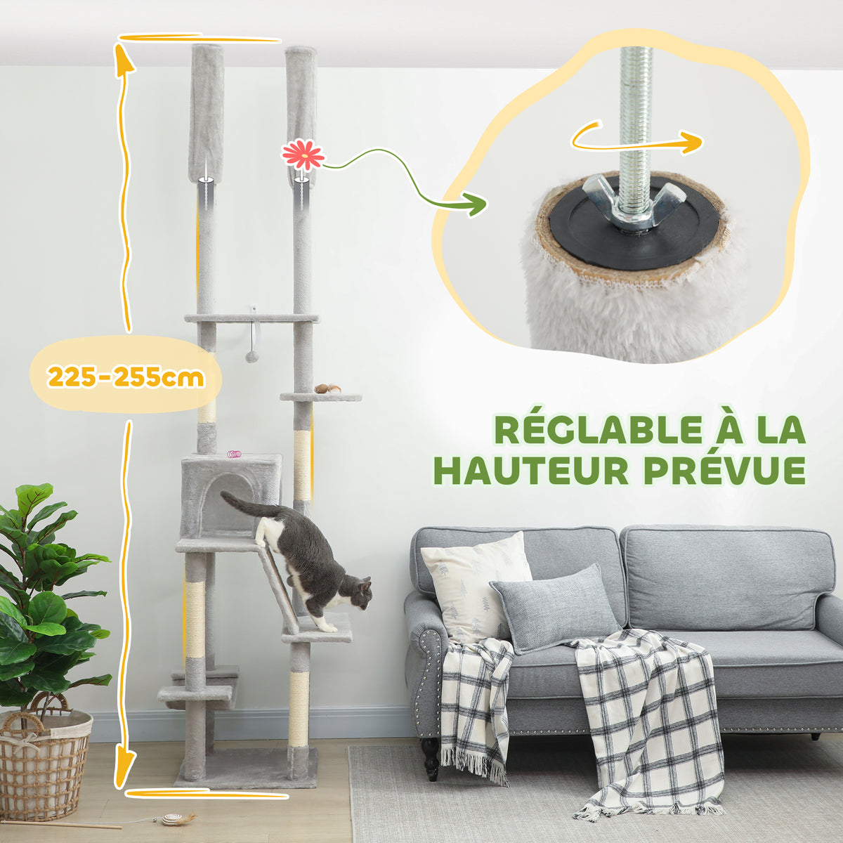 Arbre à chat sol-plafond 225-255 cm, 6 niveaux – arbre à chat | Rundavo
