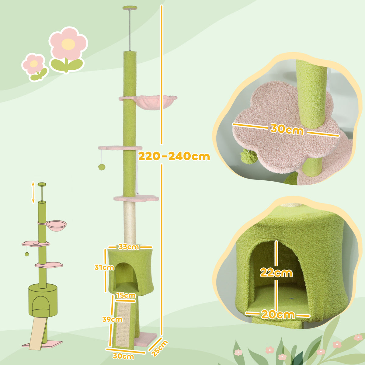 Arbre à chat sol-plafond 220-240 cm, plates-formes fleur – arbre à chat | Rundavo