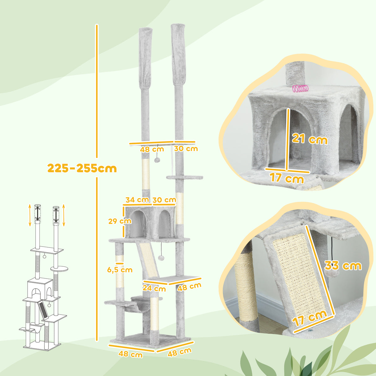 Arbre à chat sol-plafond 225-255 cm, 6 niveaux – arbre à chat | Rundavo