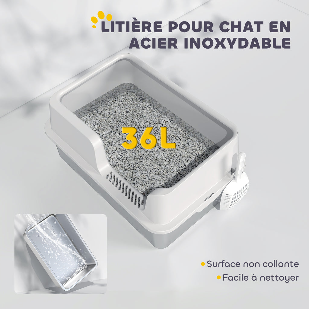 Bac à litière inox à bords hauts, 60 x 40 cm, pelle incluse – bac à litière pour chat | Rundavo