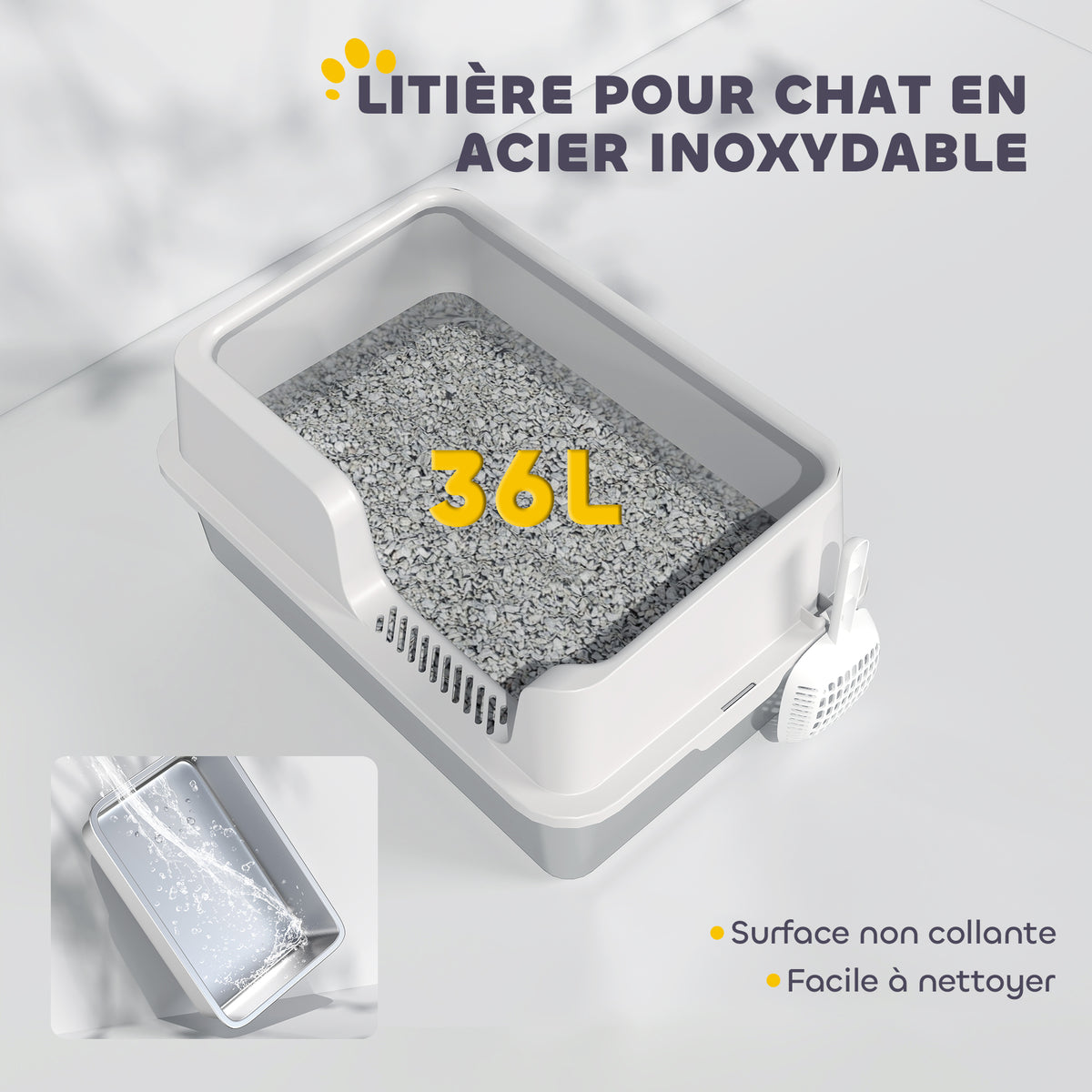 Bac à litière inox à bords hauts, 60 x 40 cm, pelle incluse – bac à litière pour chat | Rundavo